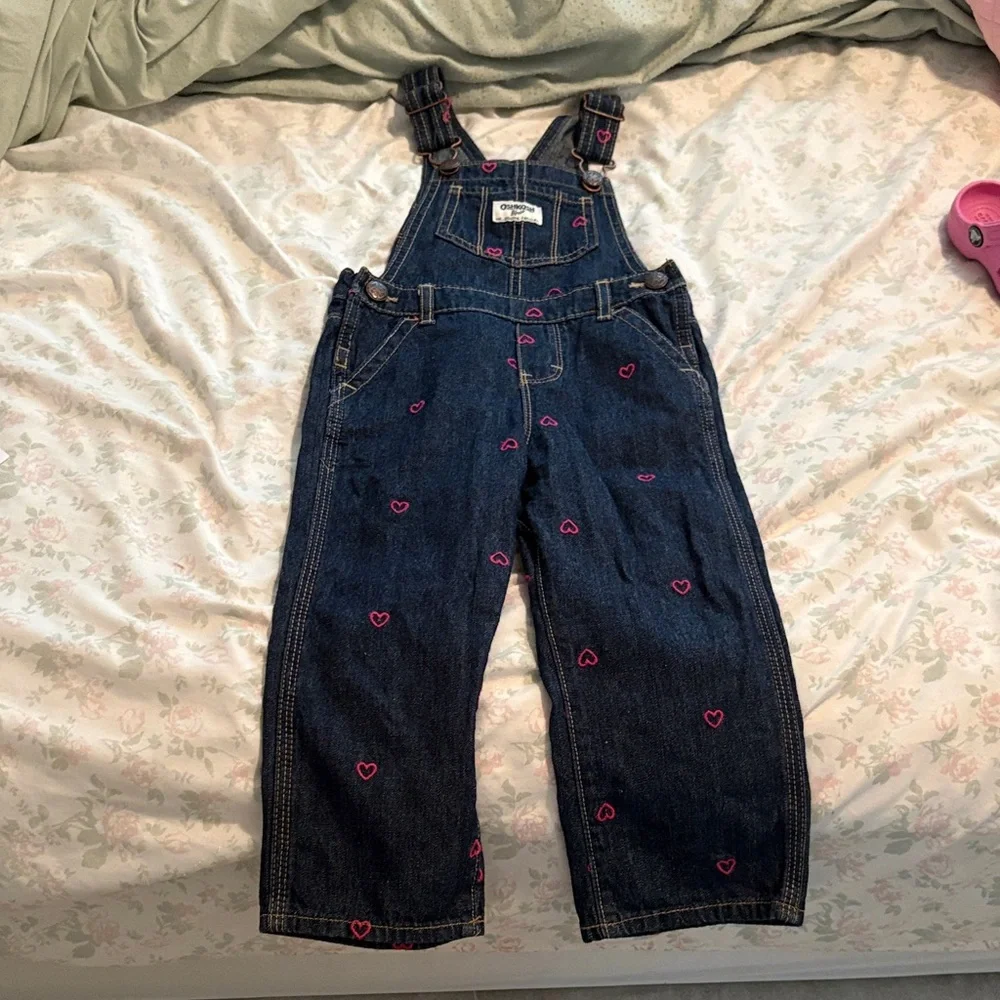 OshKosh B'gosh Dark Blue Denim Overalls with Pink Heart Accents